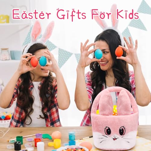 Easter Basket for Kids, Easter Baskets with Handle for Easter Eggs Hunting, Easter Basket Cute Pink Bunny Bags, Easter Theme Party Favor Easter Gifts for Girls Boys (Pink)