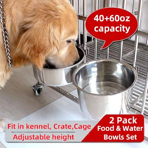 Dog Crate Water Bowl No Spill, 2 Pack Stainless Steel Large Dog Bowls, Hanging Dogs Kennel Water and Food Bowls for Crate Cage，Metal Feeder Dish Coop Cup for Medium Large Dogs Pets