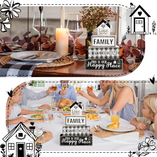 Tiered Tray Decor Set, 4 Pcs, Wooden, for Home Kitchen, Family | Rustic Buffalo Plaid, Farmhouse Rustic Summer Coffee Table Centerpieces Office Decorations - style: Family
