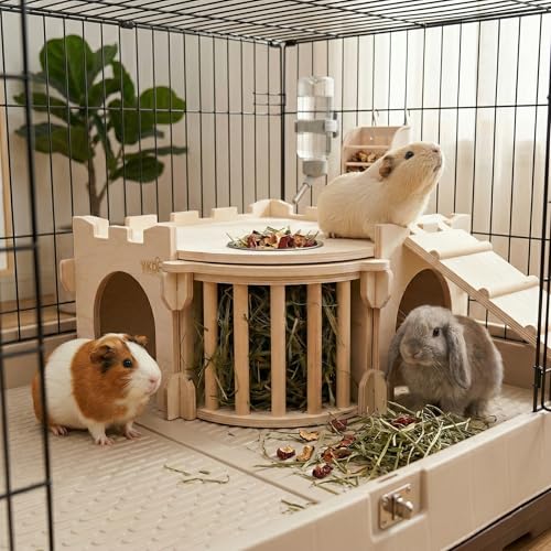 Natural Wood Chinchilla House with Ladder and Hay Feeder | Guinea Pig Castle Small Animal Hideout for Rabbit, Guinea Pig, Chinchilla, Hedgehog - size: Extra Large Assembly Style