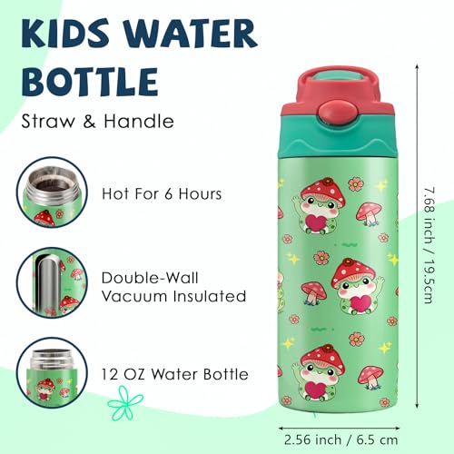 Frog Mushroom 12 oz Water Bottle with Straw – Kids Stainless Steel Vacuum Insulated Cup, Leakproof Pop-Up Spout, Reusable Travel Mug for Boys and Girls Outdoor Sports - color: Frog1