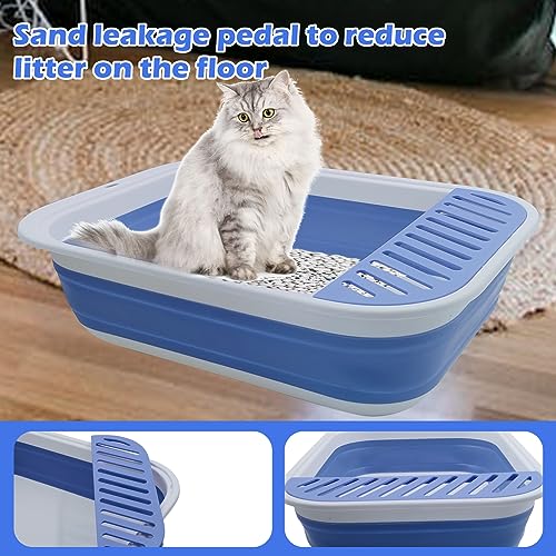 Collapsible Small Cat Litter Box,Open Top Cats Litter Pan with Scoop Foldable Shallow Kitten Potty Toilet Waterproof Cat Travel Litterbox Anti-Splashing Low Entry Semi-Enclosed Easy Clean(Blue) - color: 【Blue】