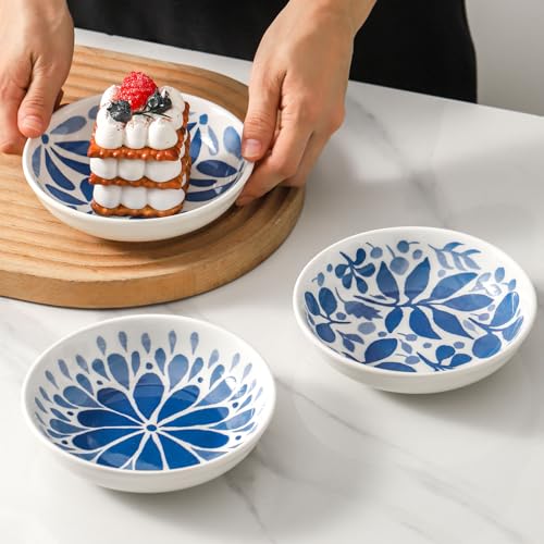 3 Ceramic Cat Bowls,5.5 inch Wide Shallow Cat Food Bowl for Relief Whisker Fatigue - color: Blue-A