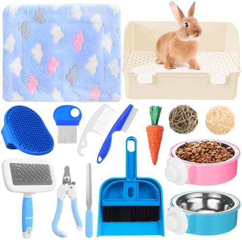 Reallnaive 15 Pcs Rabbit Starter Kit Small Rabbit Litter Box Girls Gift Animal Grooming Kit Bunny Toys Bowl Blankets with Cleaning Set for Guinea Pig Accessories(Beige) - color: Beige