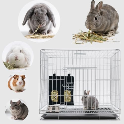 Rabbit Hay Feeder Bag Hanging Guinea Pig Hay Feeder with 2 Holes for Chinchilla Hamster Bunny Small Animal Pet Storage Pouch Black