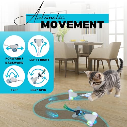 Rolling Rover – Interactive Cat Toy with RGB Wheels, Automatic Moving Mouse-Shaped Design, Feather Butterfly and Bell Attachments, Smart Motion Activated for Indoor Cats & Kittens (Blue) - color: Blue