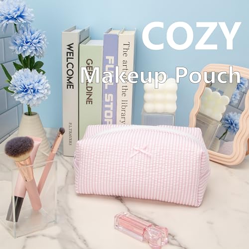 PAZIMIIK Cozy Makeup Bag for Women,Zipper Cosmetic Pouch,Stripe Ballet Pink | Soft Cosmetic Organizer for Makeup,Skincare,Toiletries,Daily Beauty Essentials,Purse,On-the-Go,Bridesmaid Gifts - color: Stripe Ballet Pink