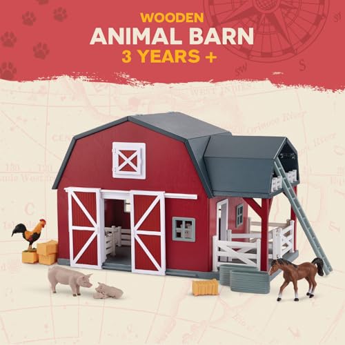 Terra by Battat – 20 Pieces Wooden Animal Barn Toy Set – Farm Animals & Play Fence – Pretend Play for Toddlers & 3+ Years – Educational Toys – Farmhouse Playset | Wooden farm toy set with 1 barn, 10 fences, ladder, 4 hay bales, 2 troughs, pulley tray and
