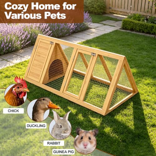 Small Chicken Coop, Wooden Rabbit Hutch Outdoor, Triangular Bunny Cage with Run, 2 Door Small Animal House for Rabbits, Guinea Pigs, Chickens(Backyard)