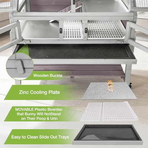 Guinea Pig Cags Indoor, Large Rabbit Hutch with Wheels, Wooden Hamster Cage with Chew-Proof Ram, Zinc Cool Plate and Plastic Floor, Small Animals Cage Habitat with Pull Out Tray (Light Grey) - color: Light Grey