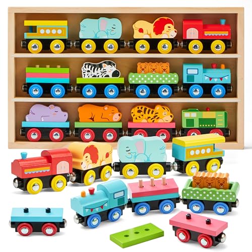 Montessori Animal Wooden Train Toy Set for Kids, 12PCS Magnetic Train Cars with Storage Gift Box, STEM Educational Toy for Boys & Girls, Ages 18Month - 8 Years, Easter Birthday Party Gift