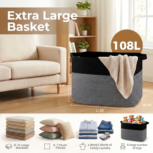 OIASKET 108L Cotton Rope Storage Basket for Living Room and Bedroom 25"x16"x16" Woven Laundry Basket, Heavy Duty Bin for Blankets, Pillows & Toys, Pet-Safe & Scratch-Free, Black - color: Black