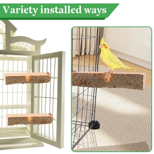 2 Pcs Natural Apple Wood Bird Perch Platform for Cage | Fits Small Parrots (Budgies, Conures) | Flat Top & Bark Underside to Support Foot Health | Tool-Free Mount