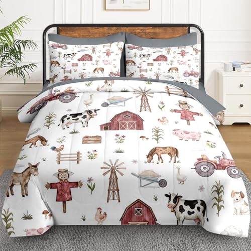 WeCozy Full Comforter Set with Sheets, 7 Pieces Farm House Bedding | Bed in A Bag for All Season, Tractor Village Tree Horse, 2 Pillowcases & 2 Shams for Kids and Adults - color: Farm Tractor, size: Full