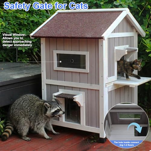 Rockever 2-Layer Outdoor Cat House, Weatherproof Wooden Outside Cat Shelter | Weatherproof grey wooden shelter with escape door, roomy resting spaces and secure protection for feral and outdoor cats