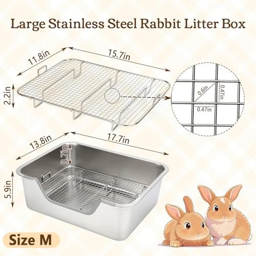 Rypet Large Stainless Steel Rabbit Litter Box Set for Small Animals | High Sides & Low Entry, 304 Stainless Steel Sifting Tray, Bowl and Bottle Included, Non-Slip, Easy to Clean, Odor Control - size: M(17.7" × 13.8" × 5.9")