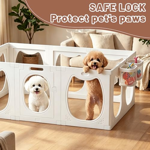 Dog Playpen with Storage Basket, 8 PCS 23.6" H Puppy Playpen | Foldable Cat Playpen Indoors with Door Gate, for Small & Medium Pet, Rabbit, Duck, Chick