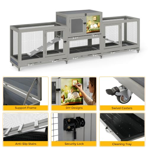 COZIWOW 94.5in Rabbit Hutch, 2-Tier Indoor Bunny Cage with Wheels & Tray | Spacious For Multiple Rabbits. Includes Pull Out Tray & Air Vent For Easy Cleaning. Rolling Wheels For Mobility. - size: 94.5"L x 16.9"W x 32.6"H