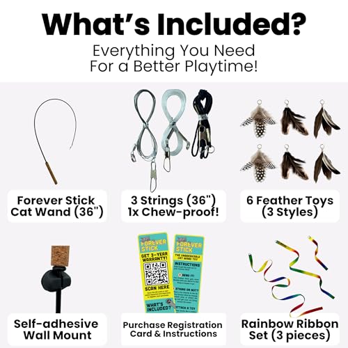 Forever Stick with Cat Toys and Strings Bundle - The Unbreakable Cat Wand Toy, Durable Cat Toy Wand, Extra Long Cat String Toy, Cat Fishing Pole Toy for Bored Indoor Adult Cats, Cat Stick Toy - size: Forever Stick and Extra Toys and Strings