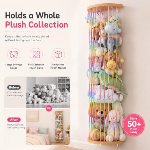 Stuffed Animal Storage Hammock Wooden Half Circle Design Wall Hanging Plush Toy Organizer for Kids Room Decor, Plush Net Hammock Playroom Nursery Stuffed Animal Corner Net Shelf - style: Rainbow semicircle