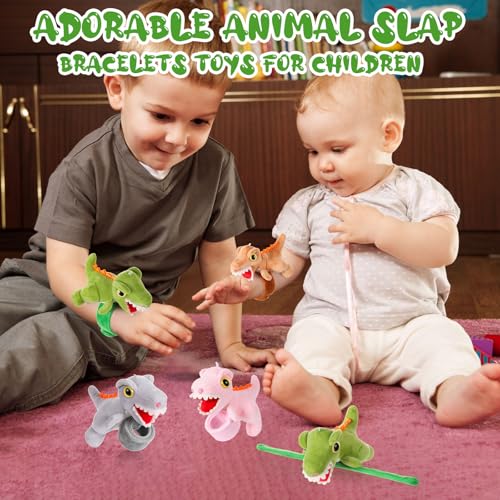Lenwen 8 Pcs Stuffed Dinosaur Animals Slap Bracelets for Kids 8.66 Inch Back to School Plush Animal Bracelets Adopt a Dinosaur Party Favors Wrist Slap Snap Band Toy for Boys Girls Birthday Gifts - style: Dinosaur 2