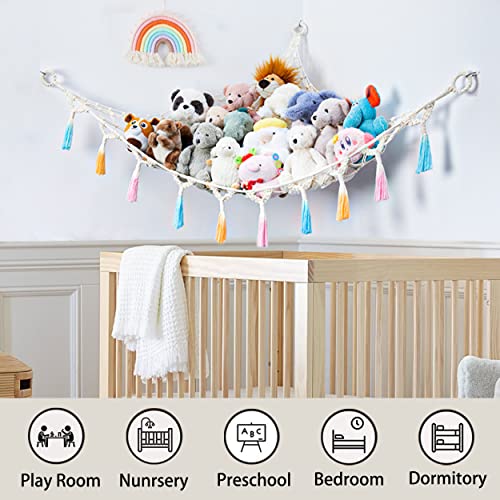 Stuffed Animal Net or Hammock with Light,Yewiwin Macrame Hanging Net Hammock for Stuffed Animal Toy Storage Organizer Boho Decor Room Holder for Nursery Play Room Bedroom (Beige) - color: Beige(42"*42"*57")