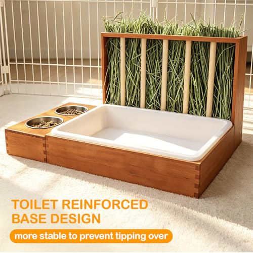 BESNEW 3-in-1 Rabbit Hay Feeder with Litter Box,Upgraded Rot Resistant Rreatment Wooden Hay Feeder with 2 Bowls & Litter Box for Guinea Pigs,Chinchillas,Rabbits & Other Small Animals,Waste Prevention - color: Coffee 1, size: 15.7in Style1
