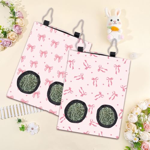2Pcs 2 Styles Small Pet Hanging Hay Bag Pink Hay Feeder Bag with 2 Holes Bowknot Pattern Cloth Washable Rectangle Feeding Storage for Rabbit Chinchillas Hamsters Guinea Pigs 12 x 9 Inch - color: Bowknot