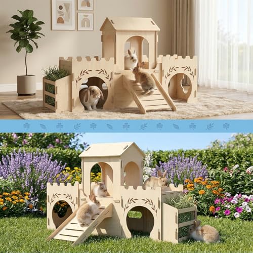 2-Level Wooden Rabbit Castle with Ramp and Hay Feeder | 3 connected rooms, center tower, rooftop platform, ramp, side hay feeder and multiple entrances for indoor enclosures - size: Extra Large
