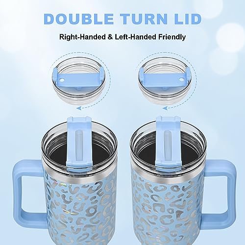 40 oz Tumbler with Handle and Straw, 100% Leak-Proof Travel Mug, Stainless Steel Double Wall Vacuum Insulated Coffee Cup Keeps Cold For 34 Hours, Dishwasher Safe, Hawkes Blue Leopard - color: Hawkes Blue Leopard