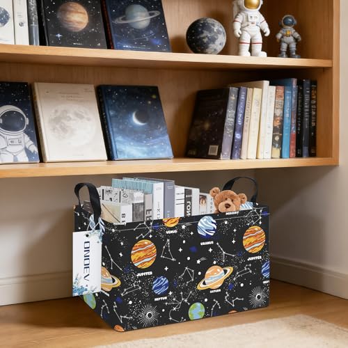 Rectangular Solar System Planet Storage Bin, Closet Organizer Basket | Moisture repellent textile, reinforced carry grips, collapsible holder tidies cabinet and teenage bedroom belongings - color: REC Planet