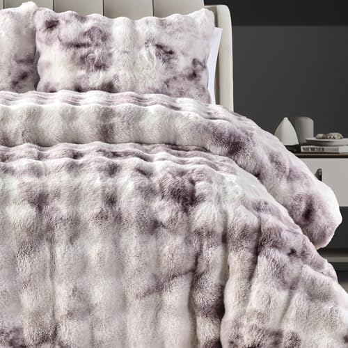 Fredsure Faux Rabbit Fur Comforter Set, 3 Pieces Tie Dye Purple King, Faux Rabbit Fur Face and Microfiber Reverse - color: Tie Dye Purple, size: King