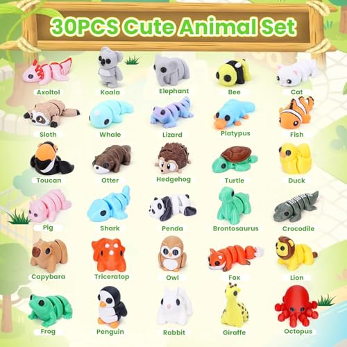 Mini 3D Printed Animals, 30 Piece Articulated Fidget Toy Set | Mini articulated PLA animal figures for desk pets, classroom prizes, party favors, gift bags, collecting, and fidget play - color: 30pcs