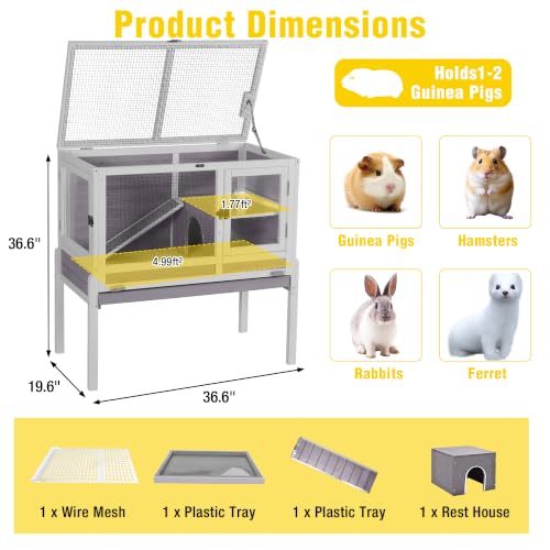 Aivituvin Wooden Guinea Pig Cages Indoor with Removable Stand, Anti Chewing Rabbit Hutch with Ramp and Wire Mesh, 2 Story Small Animals House Habitat with Pull Out Tray (Gray&Purple) - color: Gray&Purple