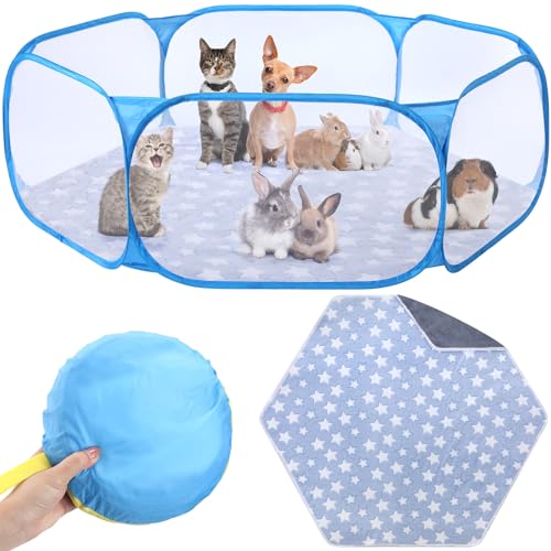 Hamster Playpen with Mat Small Animal Cage Tent Breathable Transparent Guinea Pig Playpen Waterproof Portable Yard Fence Mat Foldable Exercise Playpen Outdoor Indoor (Blue,Star) - color: Blue