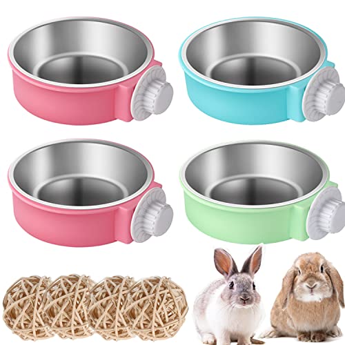 Rabbit Bowls Set, Big Pet Bunny Food Bowls Small Animals Cage Bowl and Stainless Steel Hanging Water Food Feeder Bowls for Big Bunny Food Dish (4 PCS) | 4 Pieces Stainless Steel Hanging Create Water Food Feeder Bowls for Big Bunny Food Dish - color: 4 PCS