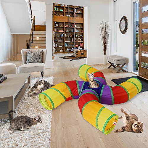 Bemodst S-Type Cat Tunnel, 2 Way/3 Way/4 Way/5 Way Collapsible S-Shape Small Animal Tubes Kitty Tunnels Interactive Maze House Toy with Storage Bag for Kitten Puppy Rabbit Guinea Pig (Rainbow-4 Way) - color: Rainbow-4 Way