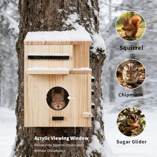 Large Wooden Squirrel House for Outside, Squirrel Nesting Box with Window | Dual Balconies,Observation Window, Squirrel Feeder, and Squirrel Box with Multi-Level Platforms for Nesting & Shelter