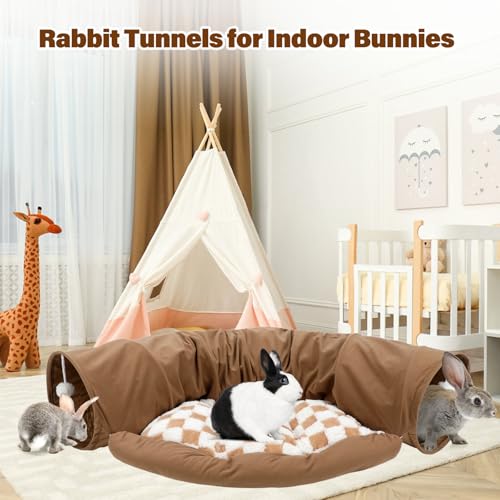 BWOGUE Bunny Tunnel Bed, Collapsible Rabbit Tunnel Hideout with Mat, Coffee | Removable Mat for Washing, Ball Toy for Play, Tunnel Tubes for Hiding, Soft Suede Fabric, Cats Rabbits Guinea Pigs - color: Coffee