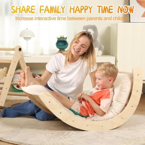 Pikler Triangle Set with Cushion, 7 in 1 Toddler Climbing Toys Indoor | Foldable Space-saving Design, Montessori-inspired Learning, Reversible Slide & Ramp, ASTM F963 Standards for Toddlers 18M-5Y - color: Nature Wood