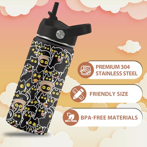 Cat Gifts for Boys Girls, 16 oz Water Bottle with Straw Lid, Stainless Steel Insulated Tumbler, Cute Cats Water Bottle for Cats Lovers, Black Cat Cup Gifts for Birthday Christma (1pcs) - color: Cats