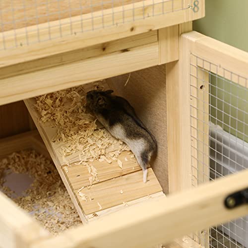 PawHut Extra Large Wooden Hamster Cage with Sliding Tray, Large Rat Mouse House, Small Animal Habitats with Openable Roofs, Wide Ramp for Racing, Running Wheel, Natural | Small Animal Habitats, Openable Roofs, Wide Ramp for Racing, Running Wheel