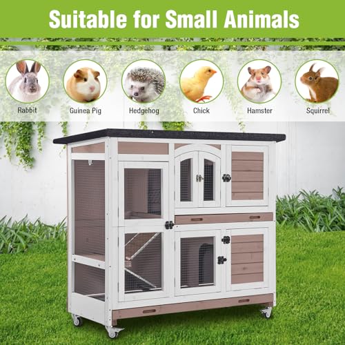 Rabbit Hutch Indoor & Outdoor, Mobile Bunny Hutch with Wheels, Wooden Rabbit Cage with 2 Pull Out Trays and Ramp, Two-Story Design Guinea Pig Cages