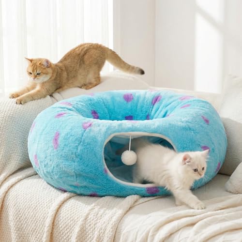 Cat Tunnel Bed for Indoor Cats, Cute Cat Tunnel Toy with Washable Cushion, Fits Cats up to 25 lbs, Peekaboo Cave Pet Bed for Kittens, Rabbits, Blue Purple Donut - color: Blue Purple