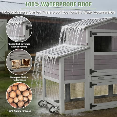 Mobile Chicken Coop with Wheels for 4-6 Chickens, Large Wooden Hen House Expandable Duck Cage with Run, 2 Nesting Boxes, Easy Clean Pull-Out Tray, Waterproof Asphalt Roof (Grey) - size: 80.6"L x 26.6"W x 42.4"H