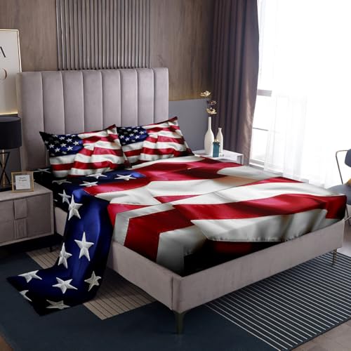 Erosebridal United States Sheet Set Teens American Flag Fitted Sheet Twin, Blue Red Bedding Set Geometric Stripes Bed Sheet with Deep Pocket, 3 Pcs with 1 Fitted Sheet, 1 Flat Sheet, 1 Pillow Case - color: Style 18, size: Twin