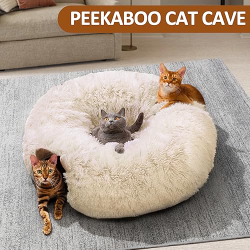 Cat Tunnel with Cat Bed for Indoor Cats, Soft Plush Peekaboo Cat Cave Donut Tunnel, Multifunctional Playground Toys Hideplace for Small Medium Large Kittens, Rabbit, Ferret (Cream White) - color: Cream white