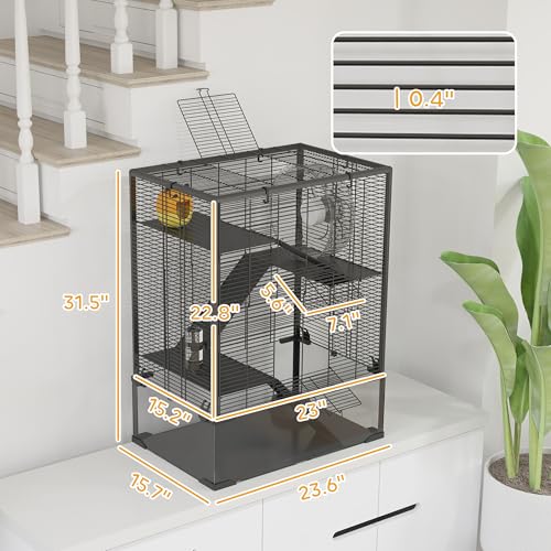 PawHut Large Hamster Cage 9" Deep Tempered Glass Bottom 24"x16"x31.5" Black | 4 Tiers Hamster Tank, Running Wheel, Hut, Water Bottle, Dish, Rat Cage for Syrian, Dwarf, Gerbils, Mouse - size: 23.6"L x 15.7"W x 31.5"H