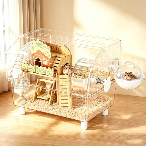 Acrylic Hamster Cage 2 Tier 23 Inch with Transparent Base | All Accessories Included, Large Silent Dwarf Hamsters Wheel, Tunnel Enclosure, Wood Hideout, Swings for Gerbils Mice