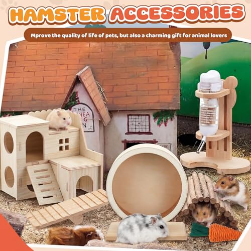 18 Pcs Hamster Cage Accessories, Silent Hamster Wheel 15 Toys Set | Maze Wood House and Water Bottle Set for Rat Mice Small Animals Habitat Decor Enrichment Starters (Serene Wooden Style) - style: Harmony Wooden Style